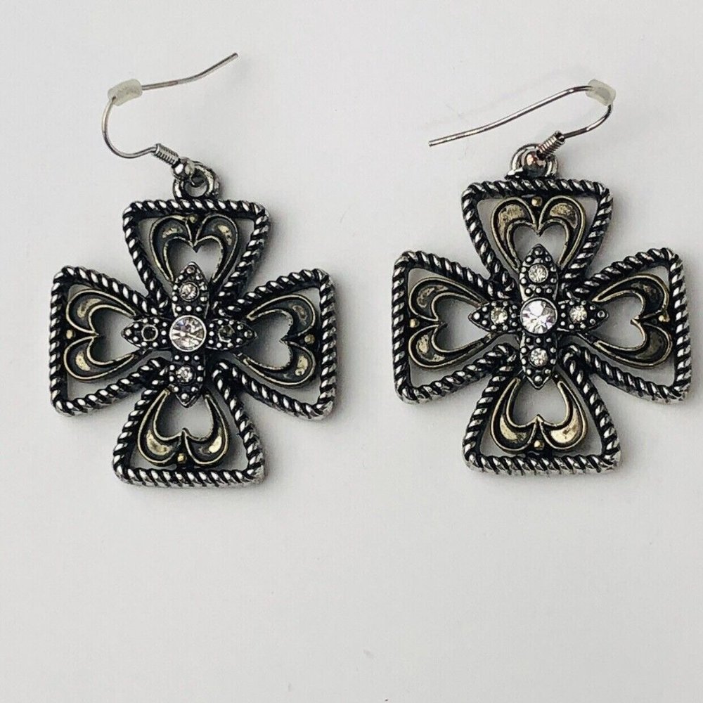 Vintage Pewter Filigree Cross Earrings with Faux Diamond Center Stones Crystals